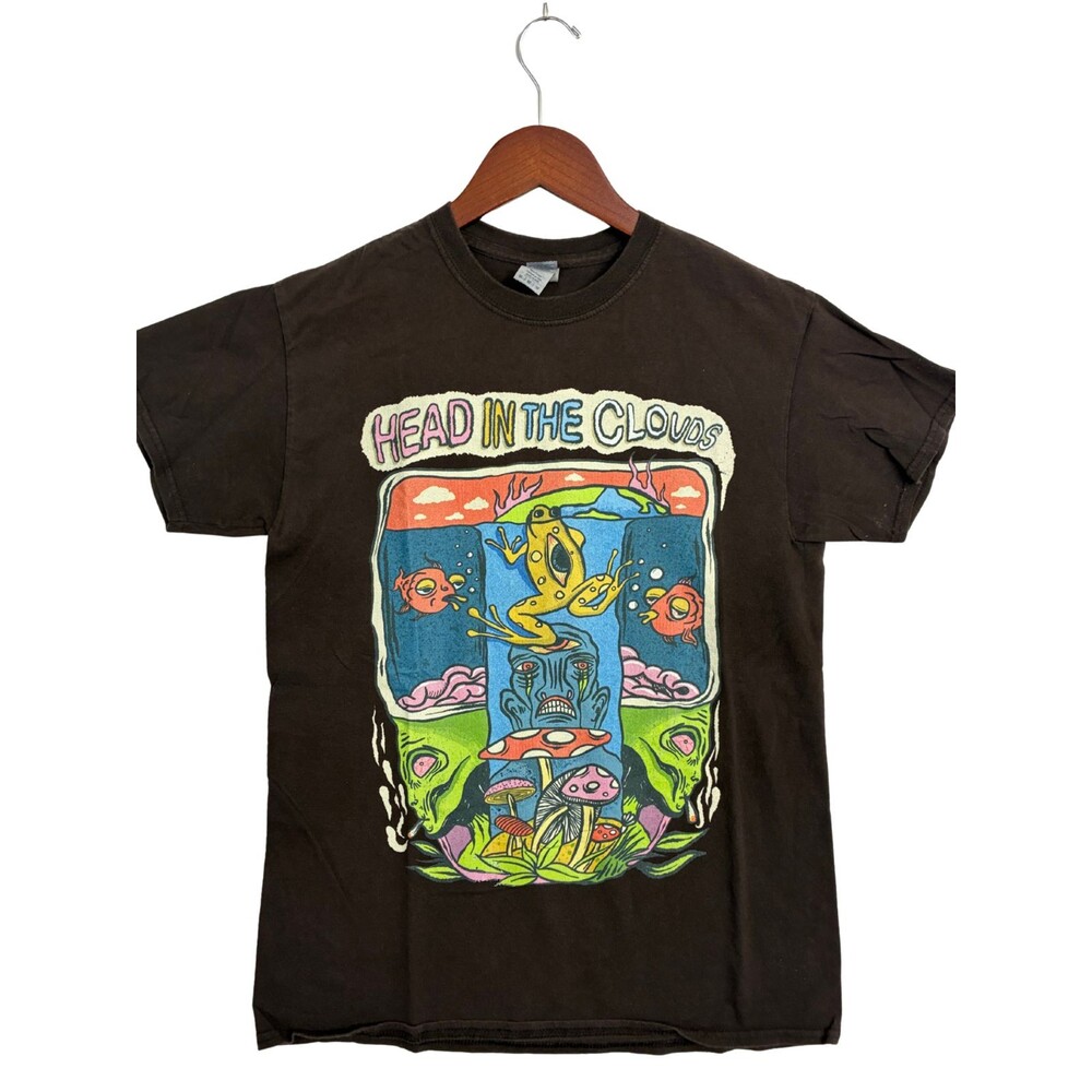 Head In The Clouds Psychedelic Mushroom Frog T Shirt Medium Brown Graphic Tee